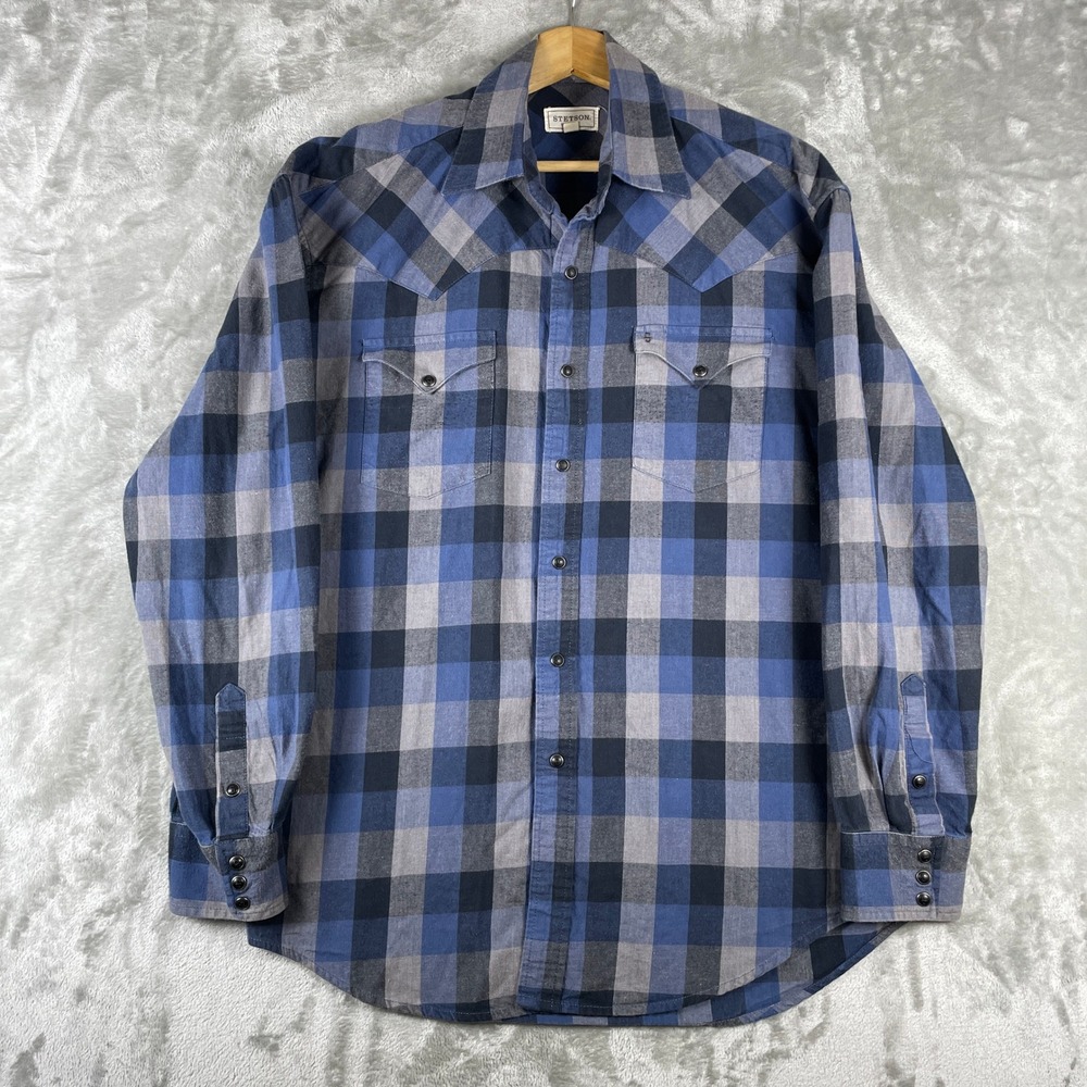 Stetson Western Shirt Men L Blue Plaid Pearl Snap Yoke Cotton Flannel